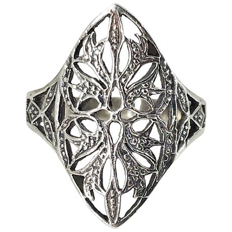 Vintage Sterling Silver Filigree Shield Ring, Sz 8