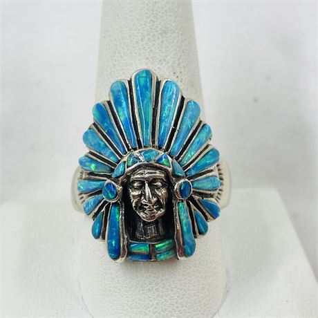 Incredible 12g Opal Navajo Chief Head Sterling Ring Size 13.25
