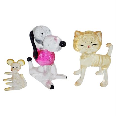 Vintage Clear Lucite Plastic Snoopy Dog, Cat & Mouse Figurines