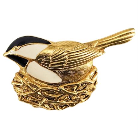 Vintage DANECRAFT Enamel Chickadee on Nest Brooch