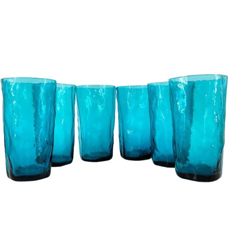 Vintage Set of 6 Morgantown Peacock Blue Crinkle Drinking Glasses