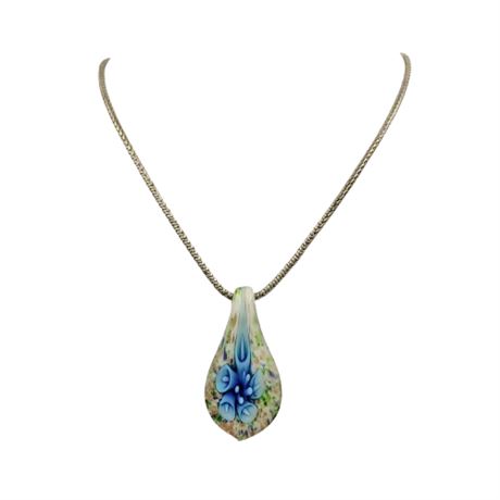 Silver Tone Chain with Art Glass Pendant Necklace