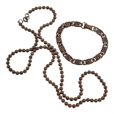 Vtg Copper Ball Chain Necklace & Snail Chain Bracelet