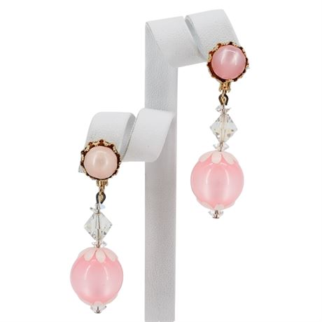 Vintage Pink Moonglow Lucite Drop Clip Earrings