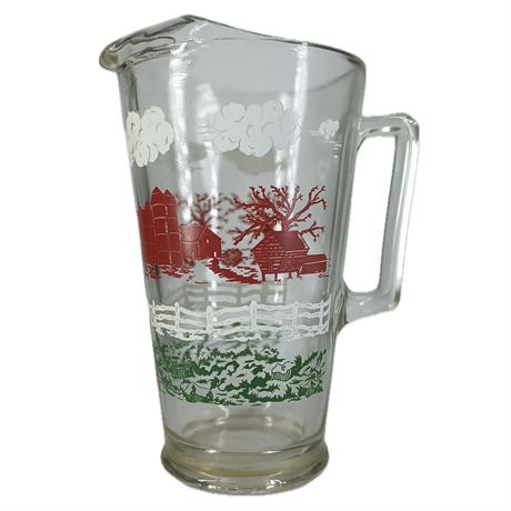Vintage Handpainted Barn Scene on Glass Pitcher