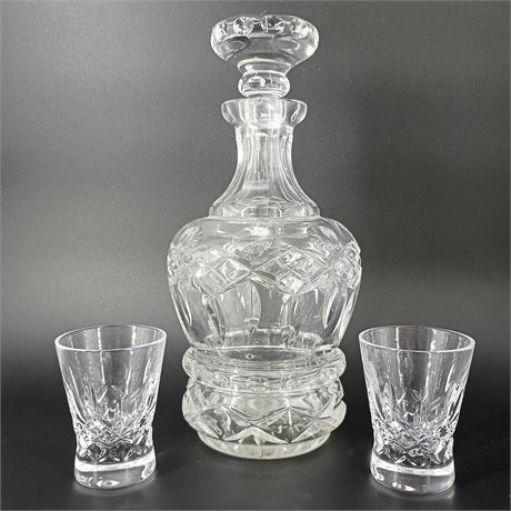 Vintage Cut Crystal Decanter with Two Matching Glasses – Diamond and Fan Pattern