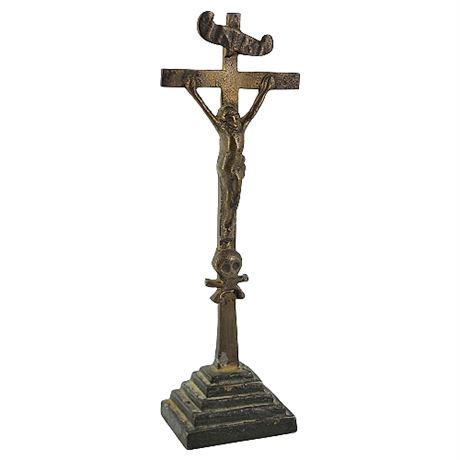 Vintage Brass Crucifix w/ Skull & Crossbones