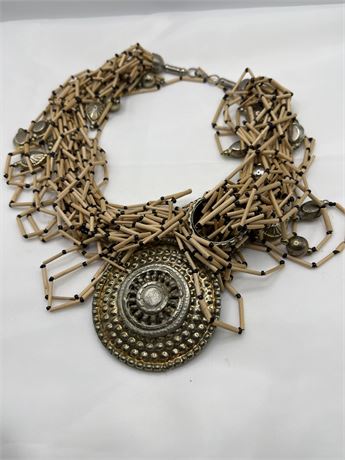 Bohemian, wood beads, and metal statement necklace