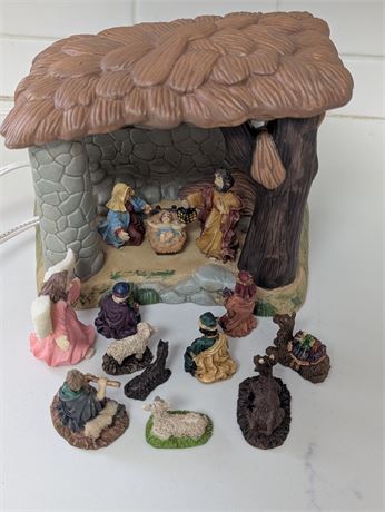 Light Ceramic Manger w/ resin Holy Family Scene