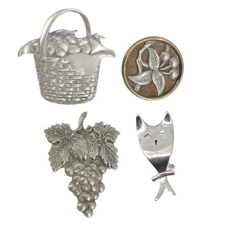 Longaberger Basket, Grapes, Owl, and Botanical Brooch Lot