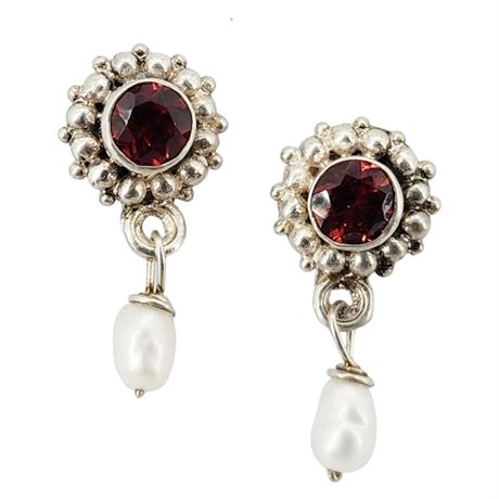 Vintage Sterling Silver Genuine Garnet & Freshwater Pearl Stud Earrings