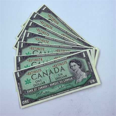 7 Consecutive 1967 Canada $1 Star Notes