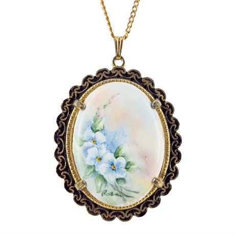Signed Vintage Hand Painted Floral Porcelain Pendant Necklace
