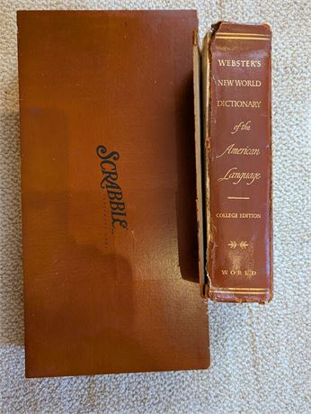 Wood Scrabble Box Game Board, Case, Pieces + Dictionary