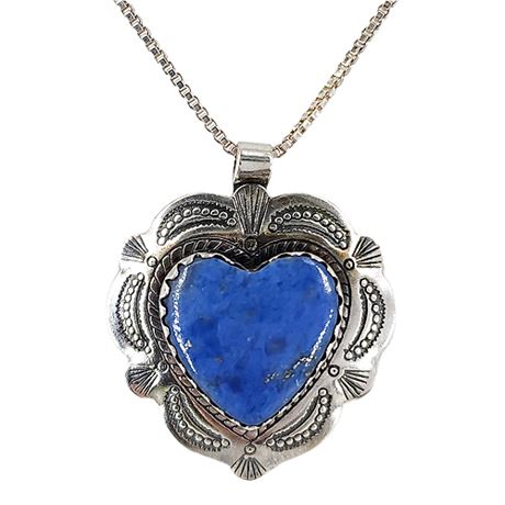 Signed QUOC Sterling Silver Lapis Lazuli Heart Pendant Necklace, New in Box