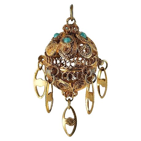 Vintage Gold Tone & Faux Turquoise Filigree Ball Pendant