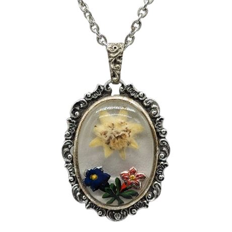 Vintage Pressed Edelweiss Reverse Painted Floral Pendant Necklace