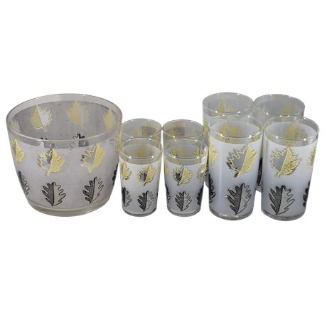 Libbey Frosted Yellow/Black Maple Leaf Barware Lot
