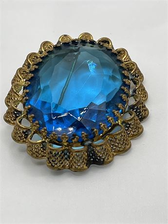Art deco fauceted blue glass Oval 3 1/2 inch brooch
