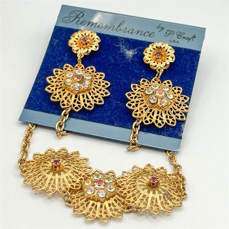 Vintage OP Craft Gold Tone & Rhinestone Necklace & Earring Set