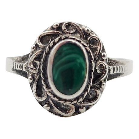 Vintage Sterling Silver Genuine Malachite Ring, Sz 7.5