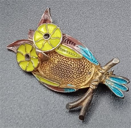 800 silver filigree enamel owl brooch 5.66 G