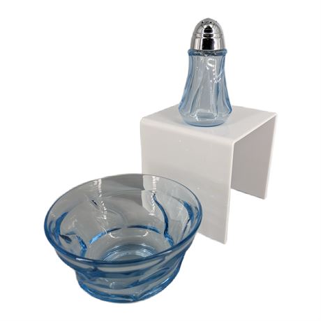 Set 2 - Blue Fostoria Glass Bowl and Pepper Shaker