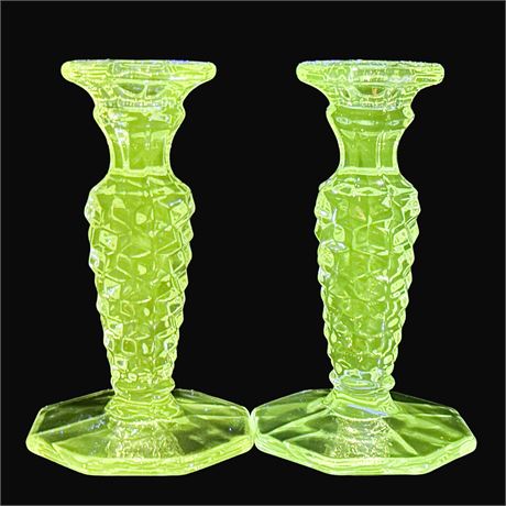 Pair of Vintage Fostoria American Cubist Pattern Glass Candlestick Holders