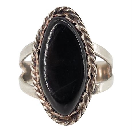 Vintage Native American Sterling Silver Black Jet Ring, Sz 7.75