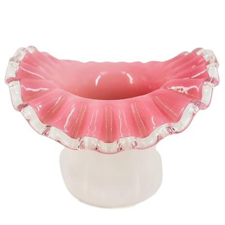 Vintage Fenton Top Hat Ruffled Pink and White Cased Glass with Silver Crest