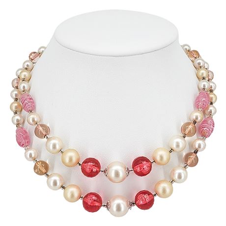 Vintage JAPAN 2-Strand Faux Pearl & Pink Art Glass & Lucite Beaded Necklace