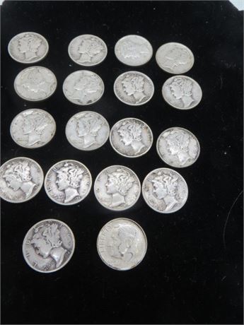 17 Mercury Silver Dimes & 1 Roosevelt1964 Silver Dime