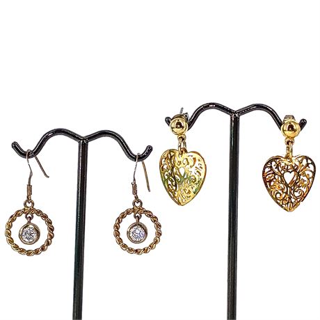 Lot of 2 Pairs Gold-Tone Dangle Earrings – Crystal Rope Hoops & Filigree Heart