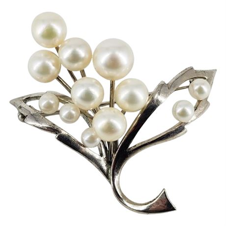 Vintage Sterling Silver Genuine Pearls Leaves & Berries Brooch