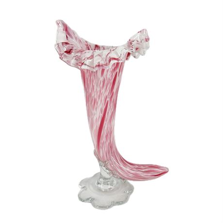Vintage Murano Style Pink & White Cornucopia Vase