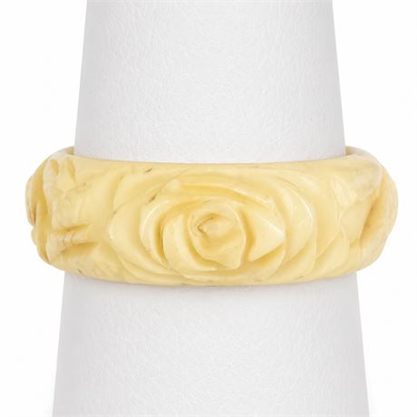 Vintage Carved Floral Celluloid Ring with Rose Motif, Faux Ivory