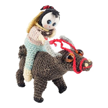 Vintage Micro-Crochet Ox and Rider Figurine