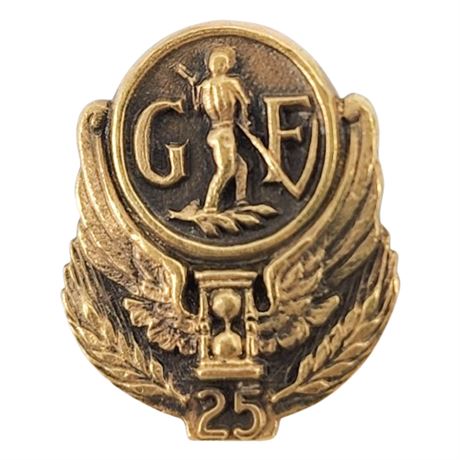 Vtg 14K Gold "GF" Winged Hourglass & Man w/ Scythe 25 Year Service Award Pin