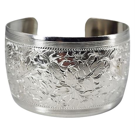 Vintage Wide Embossed Floral Silver Tone Cuff Bracelet