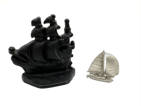 Cast Iron Ship Door Stopper and Decorative Pewter Ship