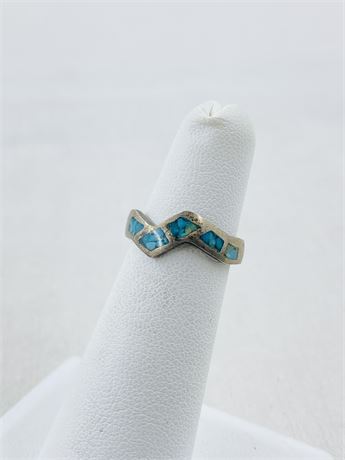 Vintage Mosaic Turquoise Sterling Ring Size 4
