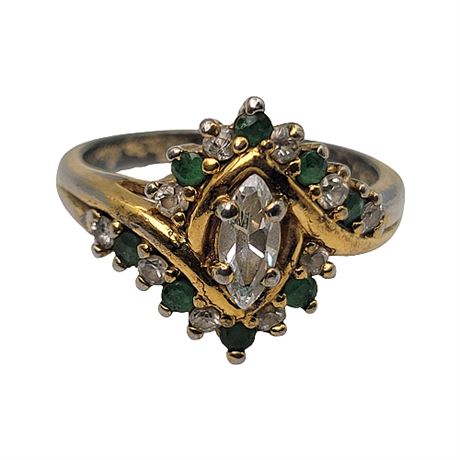 Gold Plated Sterling Silver CZ & Emerald Ring