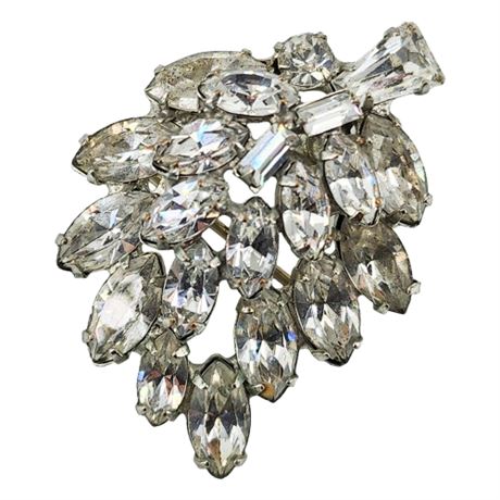 Vintage Prong Set Rhinestone Navette Leaf Brooch/Dress Clip