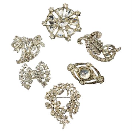 Six Vintage Silver Tone Clear Rhinestone Brooches