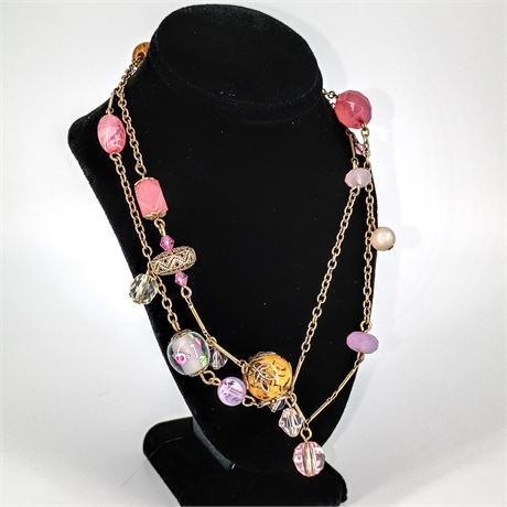 Boho Multi-Bead Long Necklace – Mixed Glass, Resin & Metal Beads, Gold-Tone