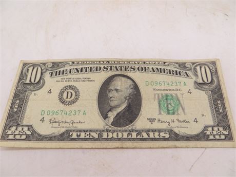 1963 A $10 Federal Reserve Note # D 09674237 A