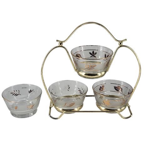 MCM Libbey Frosted Glass Gold Leaf 3-Part Condiment Set w/Gold Toned Metal Stand