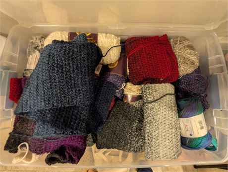 Lot Yarn + Knitted Scarves Started Blue, Gray, Red w/Storage Container
