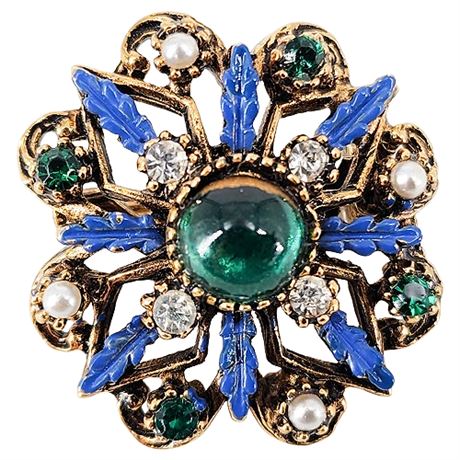 Vintage Rhinestone, Faux Pearl, & Enamel Leaves Brooch