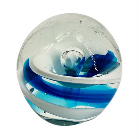 Vintage Blue & White Swirl Art Glass Paperweight